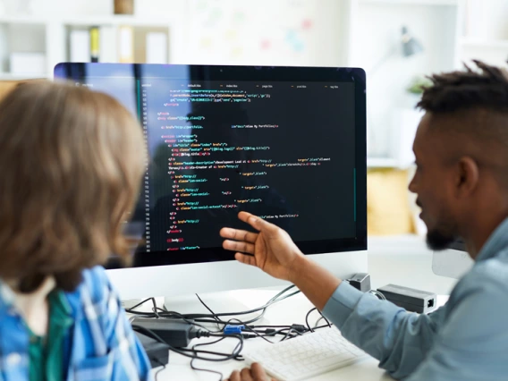 2 people studying info on a computer